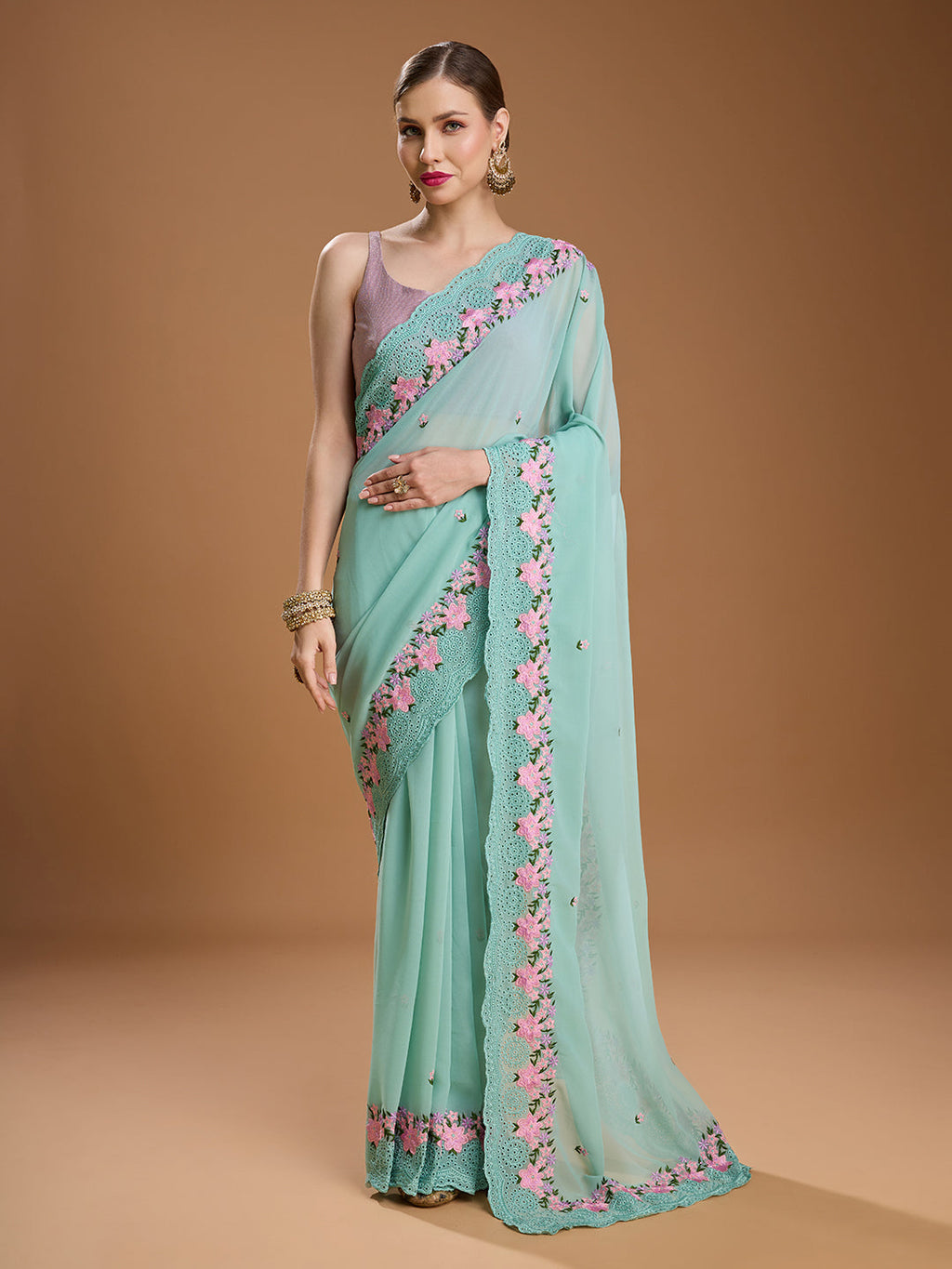 Jyoti Fashion Women's Sky Blue Chiffon Satin Embroidered Designer Saree with Blouse | Grocsy