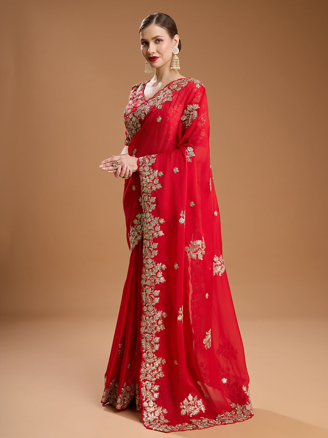 Jyoti Fashion Women's Red Jimmy Choo Embroidered & Coding Designer Saree with Blouse | Grocsy