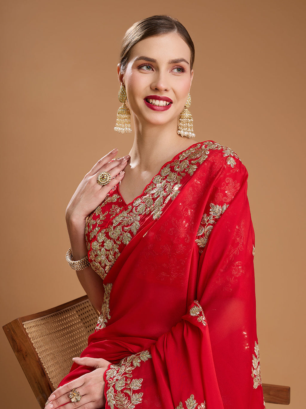 Jyoti Fashion Women's Red Jimmy Choo Embroidered & Coding Designer Saree with Blouse | Grocsy