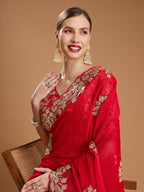 Jyoti Fashion Women's Red Jimmy Choo Embroidered & Coding Designer Saree with Blouse | Grocsy