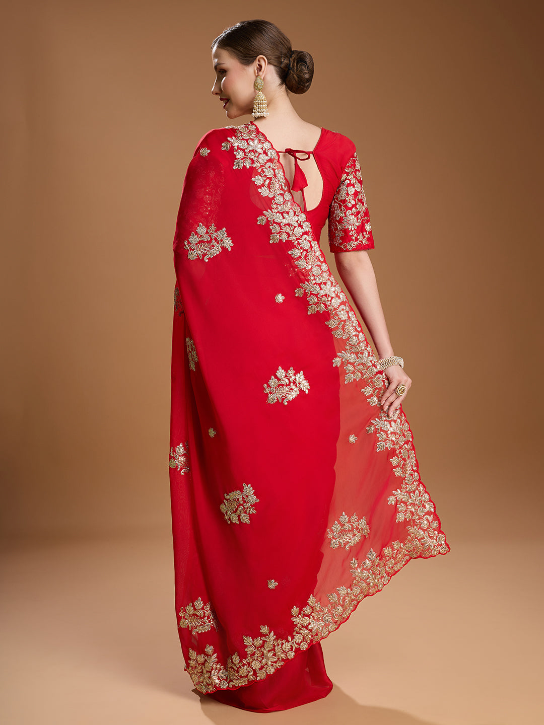 Jyoti Fashion Women's Red Jimmy Choo Embroidered & Coding Designer Saree with Blouse | Grocsy