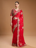 Jyoti Fashion Women's Red Jimmy Choo Embroidered & Coding Designer Saree with Blouse | Grocsy