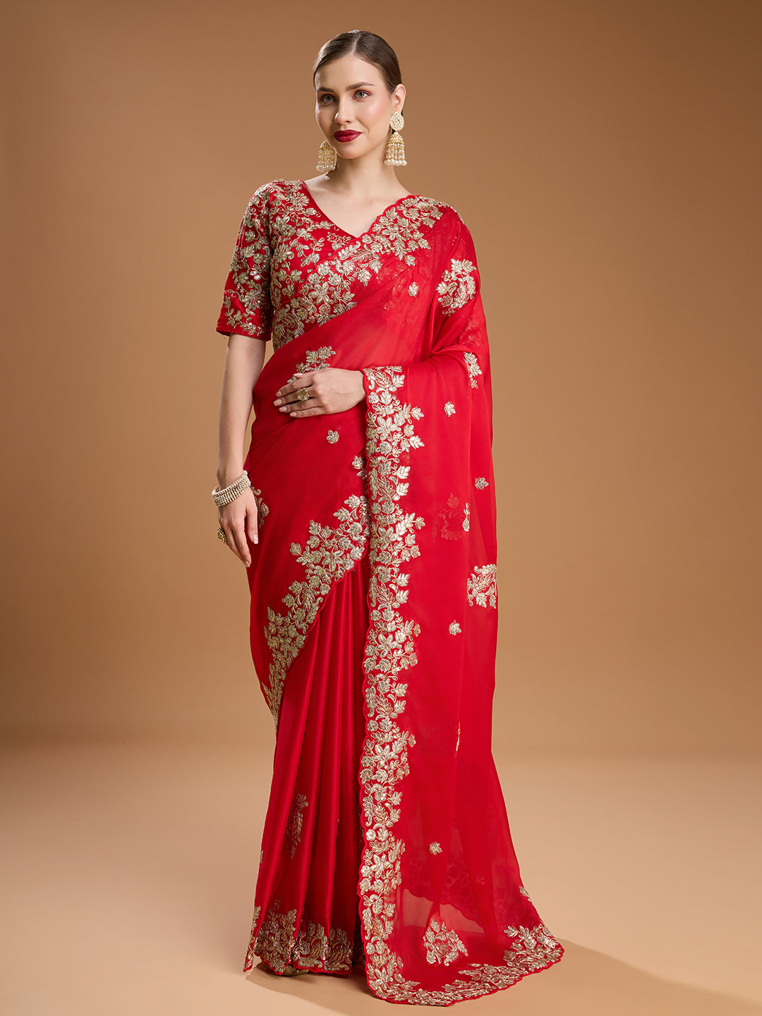 Jyoti Fashion Women's Red Jimmy Choo Embroidered & Coding Designer Saree with Blouse | Grocsy
