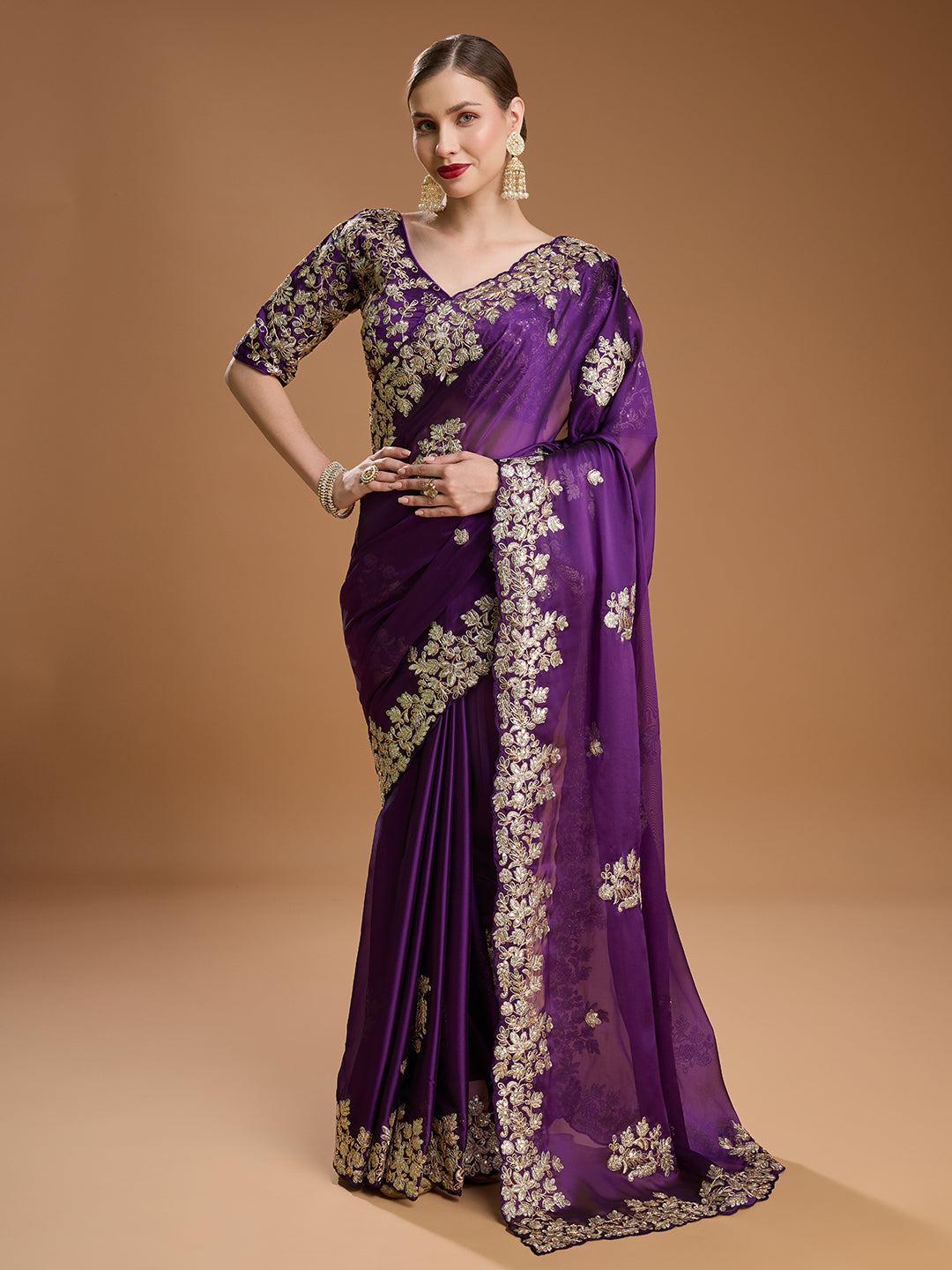 Jyoti Fashion Women's Purple Jimmy Choo Embroidered & Coding Designer Saree with Blouse | Grocsy