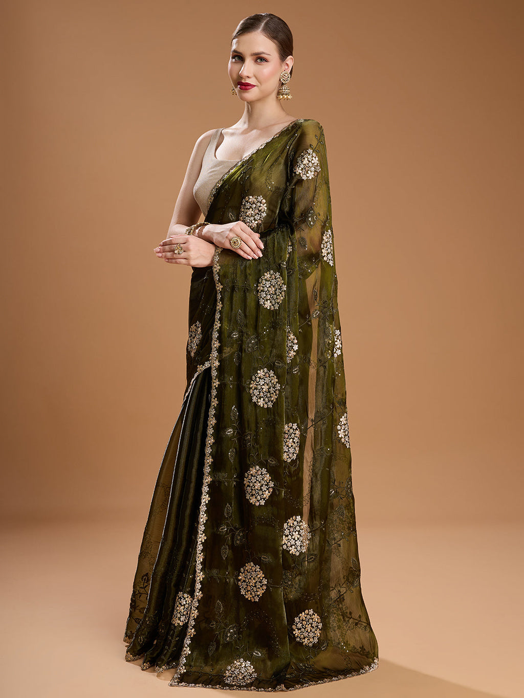 Jyoti Fashion Women's Dark Green Jimmy Choo Sequins Embroidered Designer Saree with Blouse | Grocsy
