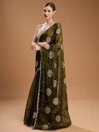 Jyoti Fashion Women's Dark Green Jimmy Choo Sequins Embroidered Designer Saree with Blouse | Grocsy