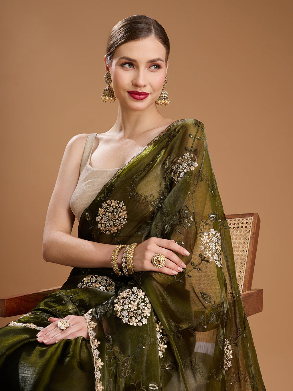 Jyoti Fashion Women's Dark Green Jimmy Choo Sequins Embroidered Designer Saree with Blouse | Grocsy