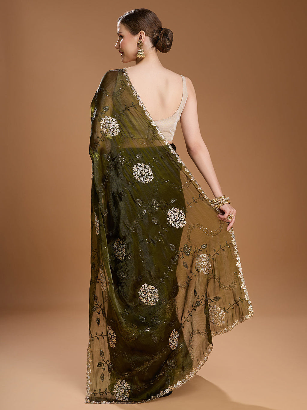 Jyoti Fashion Women's Dark Green Jimmy Choo Sequins Embroidered Designer Saree with Blouse | Grocsy