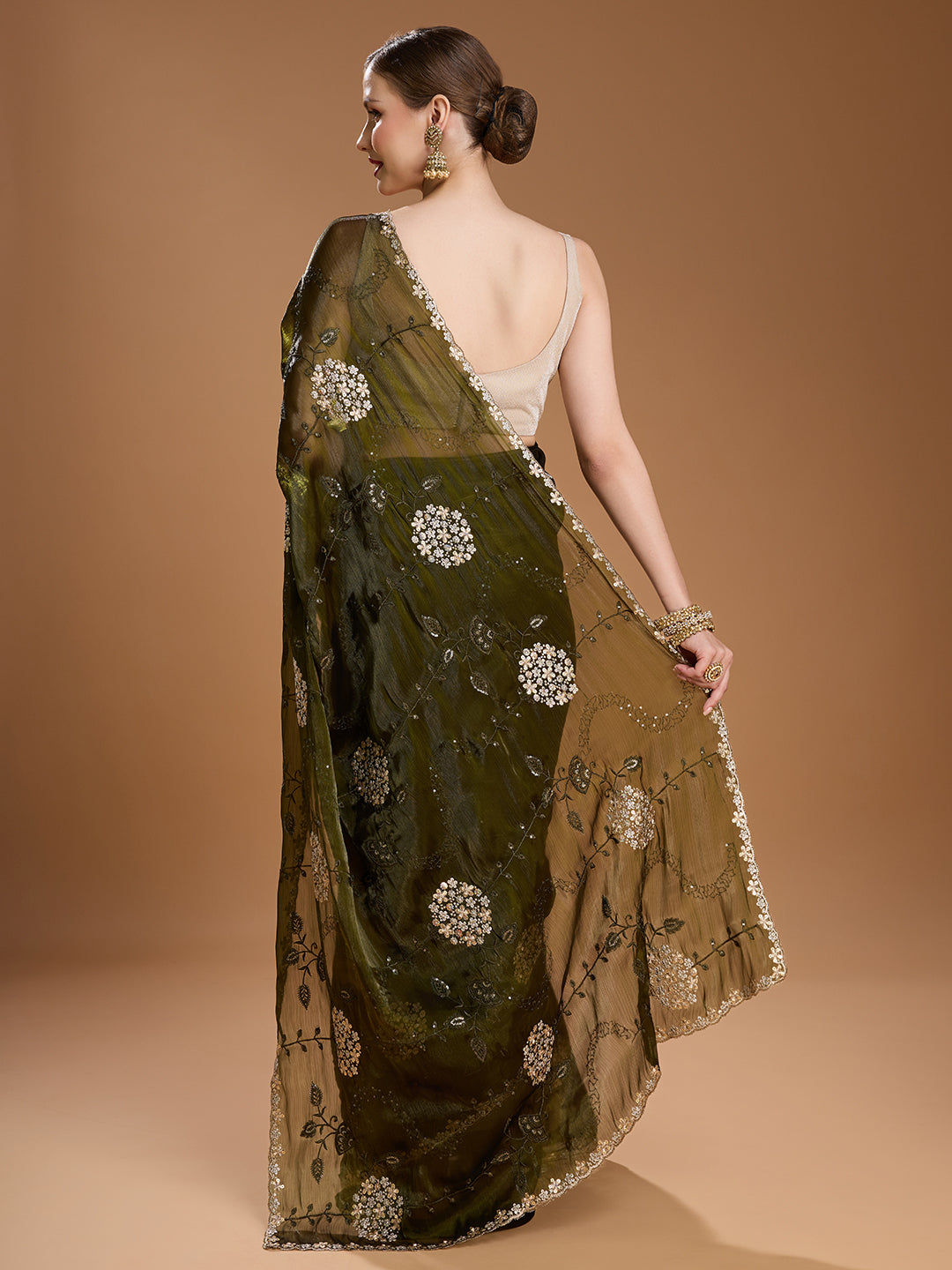 Jyoti Fashion Women's Dark Green Jimmy Choo Sequins Embroidered Designer Saree with Blouse | Grocsy