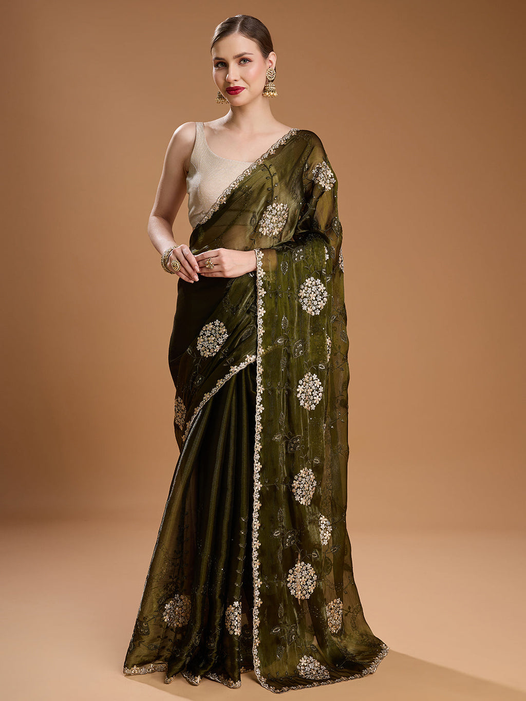 Jyoti Fashion Women's Dark Green Jimmy Choo Sequins Embroidered Designer Saree with Blouse | Grocsy