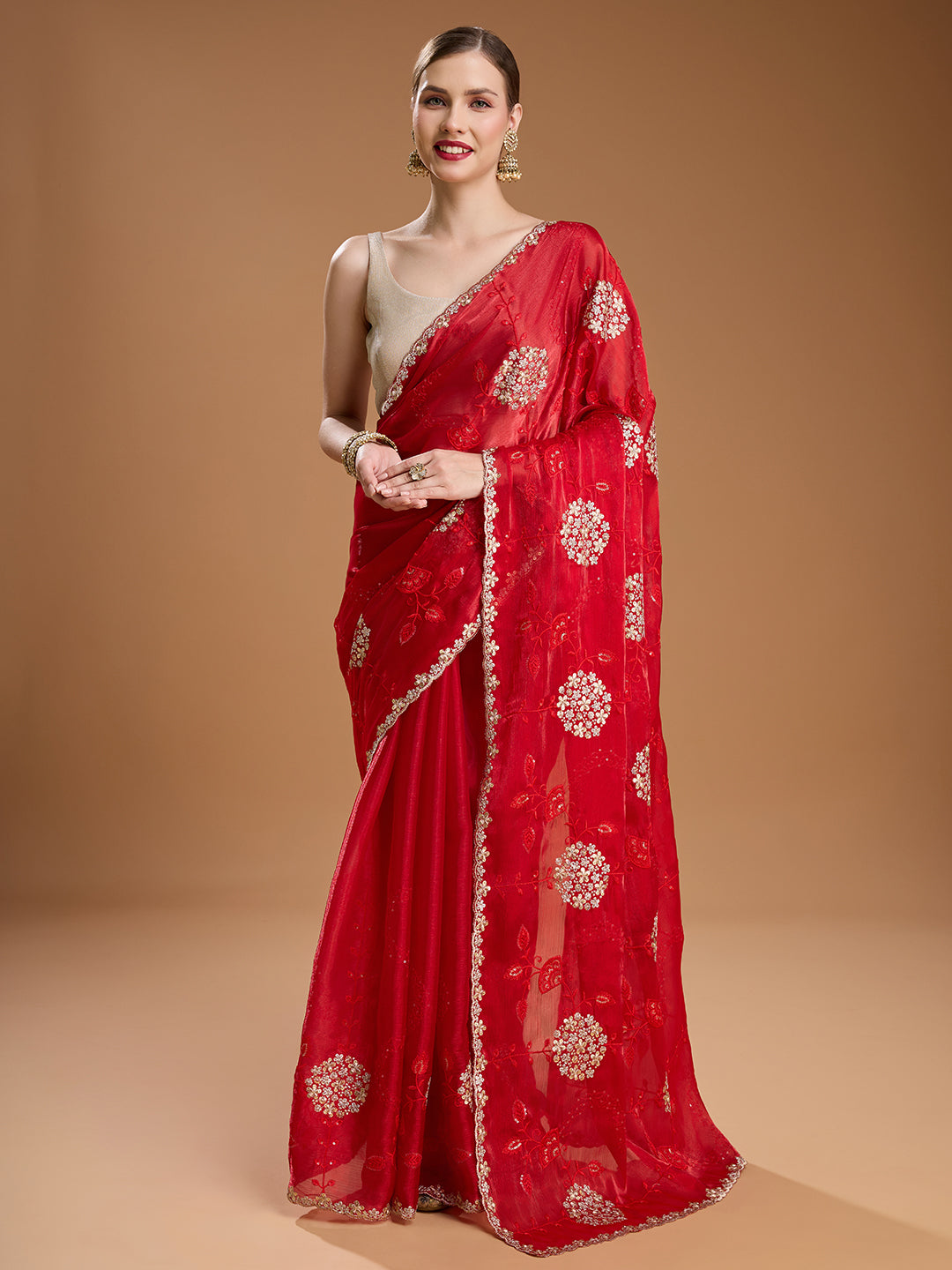 Jyoti Fashion Women's Maroon Jimmy Choo Sequins Embroidered Designer Saree with Blouse | Grocsy