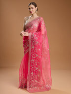 Jyoti Fashion Women's Pink Net Sequins Embroidered Designer Saree with Blouse | Grocsy