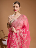 Jyoti Fashion Women's Pink Net Sequins Embroidered Designer Saree with Blouse | Grocsy