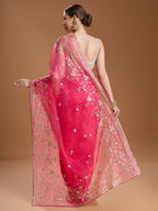 Jyoti Fashion Women's Pink Net Sequins Embroidered Designer Saree with Blouse | Grocsy