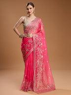 Jyoti Fashion Women's Pink Net Sequins Embroidered Designer Saree with Blouse | Grocsy