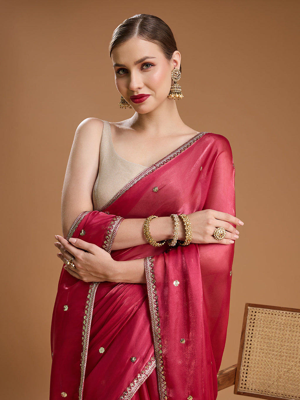 Jyoti Fashion Women's Gajri Red Jimmy Choo Sequins Embroidered Designer Saree with Blouse | Grocsy