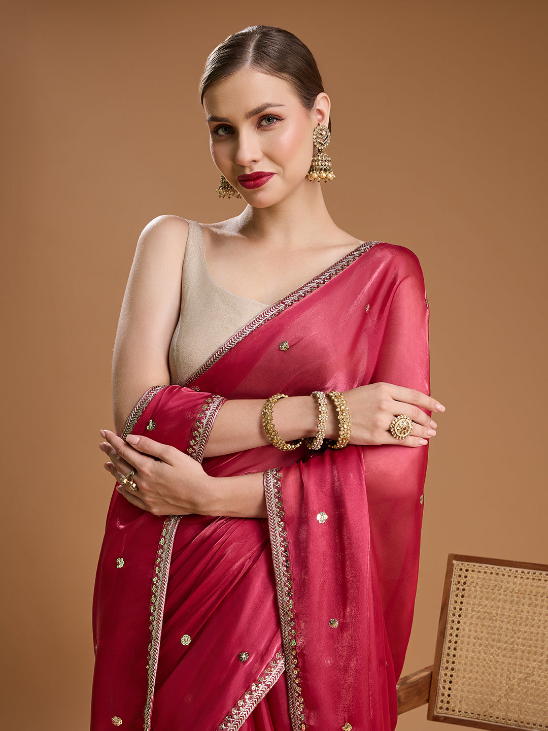 Jyoti Fashion Women's Gajri Red Jimmy Choo Sequins Embroidered Designer Saree with Blouse | Grocsy