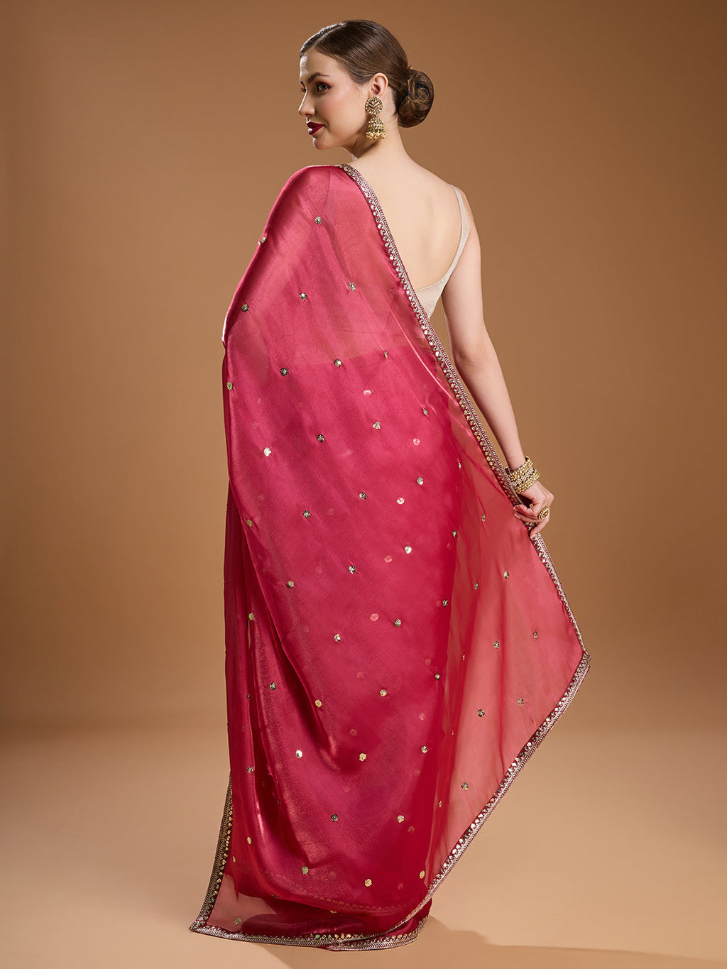 Jyoti Fashion Women's Gajri Red Jimmy Choo Sequins Embroidered Designer Saree with Blouse | Grocsy