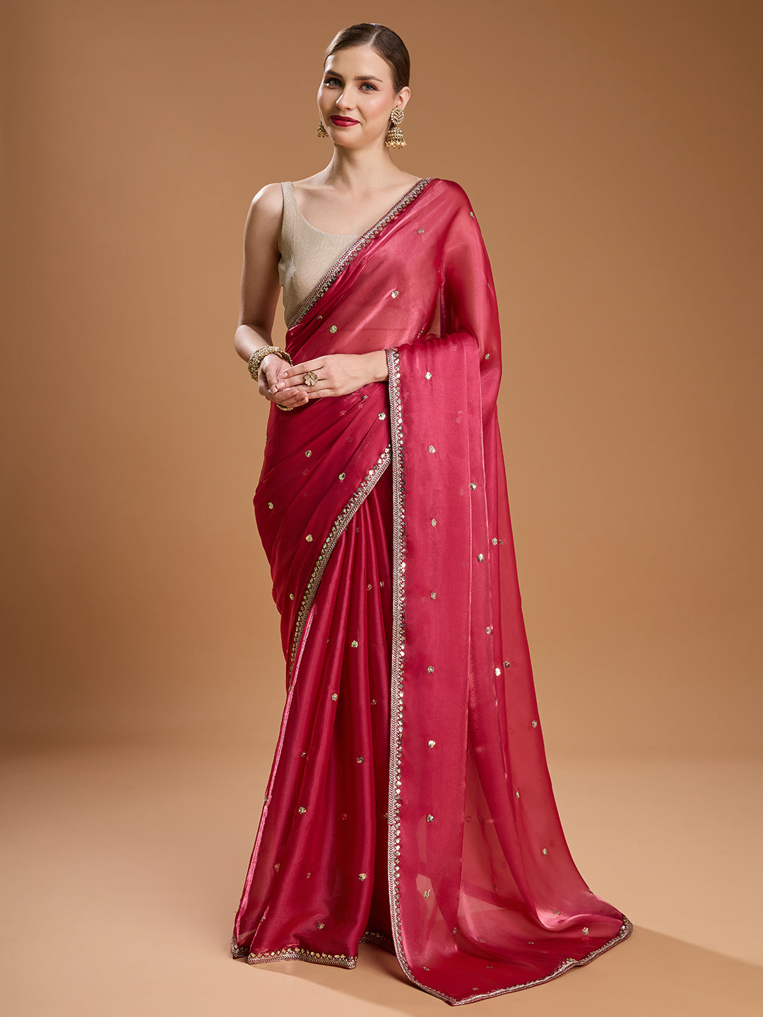 Jyoti Fashion Women's Gajri Red Jimmy Choo Sequins Embroidered Designer Saree with Blouse | Grocsy