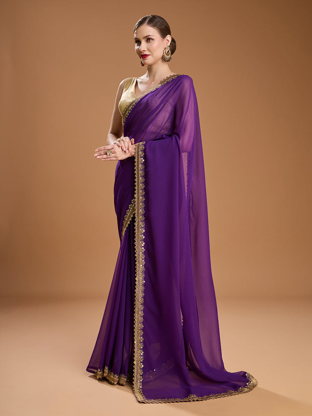 Jyoti Fashion Women's Purple Georgette Sequins Embroidered Designer Saree with Blouse | Grocsy
