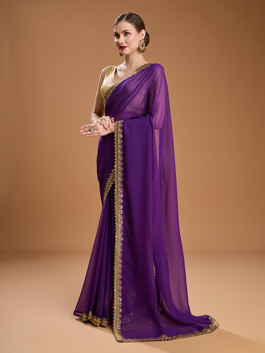 Jyoti Fashion Women's Purple Georgette Sequins Embroidered Designer Saree with Blouse | Grocsy