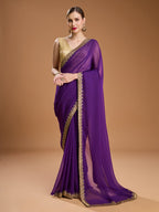 Jyoti Fashion Women's Purple Georgette Sequins Embroidered Designer Saree with Blouse | Grocsy