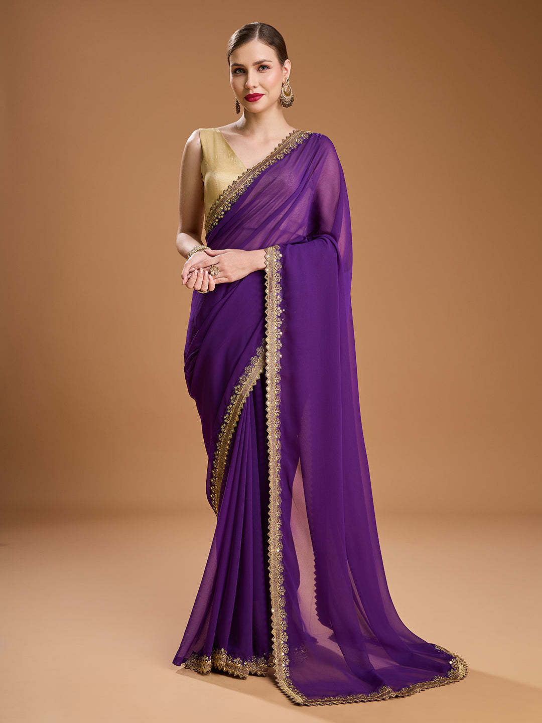 Jyoti Fashion Women's Purple Georgette Sequins Embroidered Designer Saree with Blouse | Grocsy