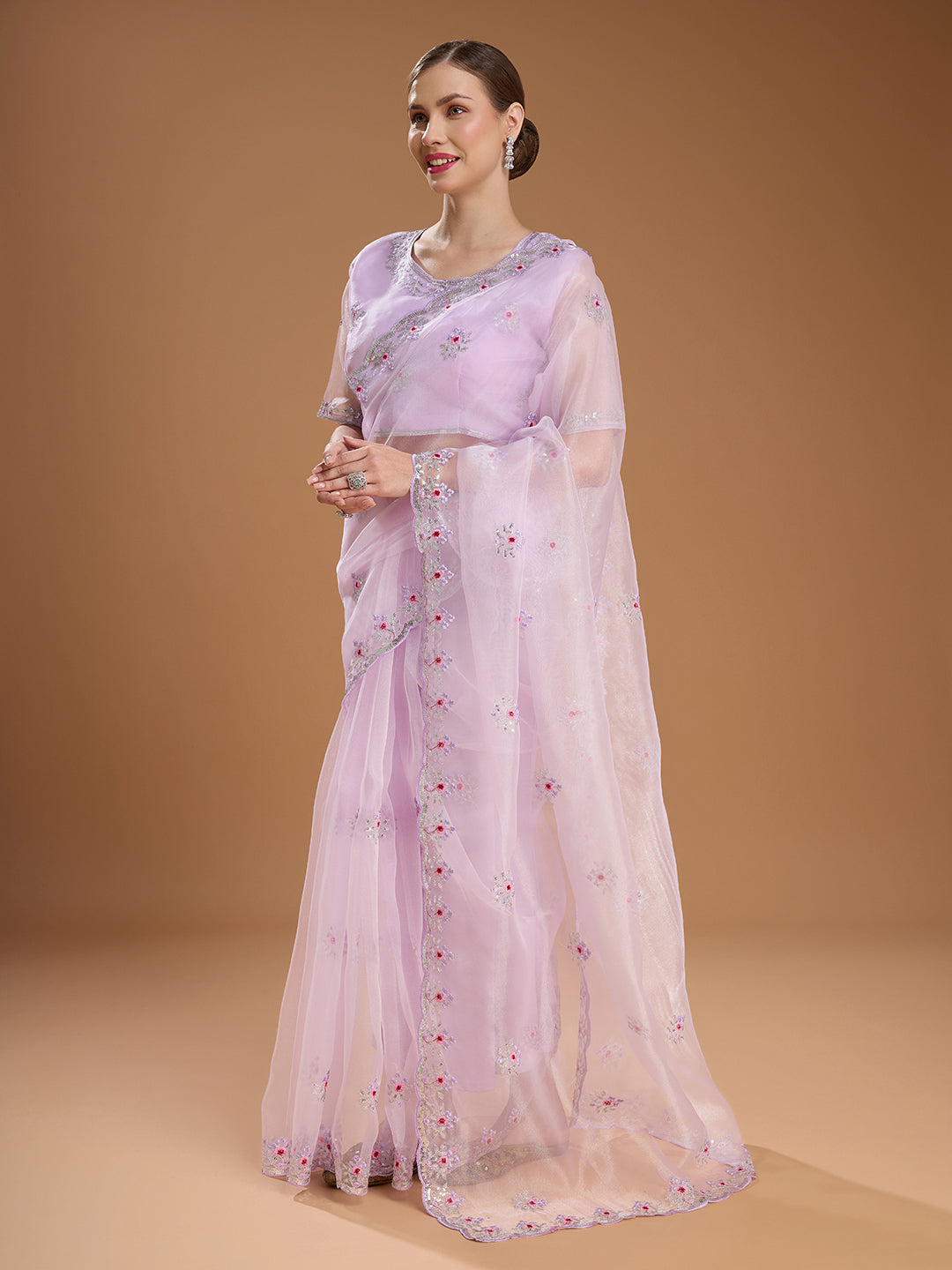 Jyoti Fashion Women's Light Purple Net Sequins Embroidered Designer Saree with Blouse | Grocsy