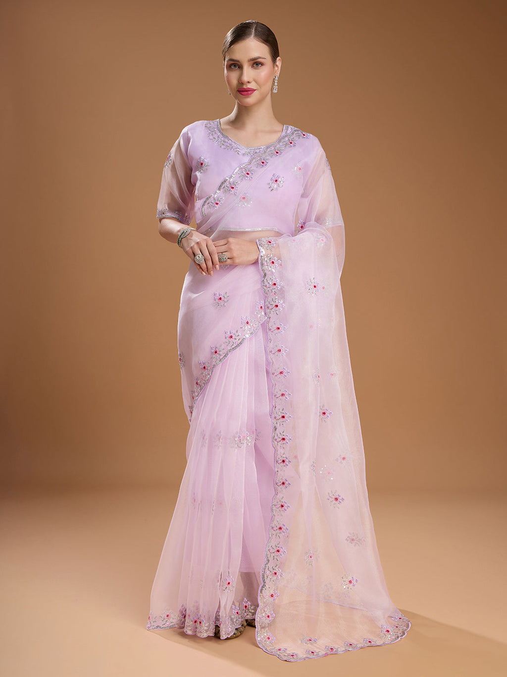 Jyoti Fashion Women's Light Purple Net Sequins Embroidered Designer Saree with Blouse | Grocsy
