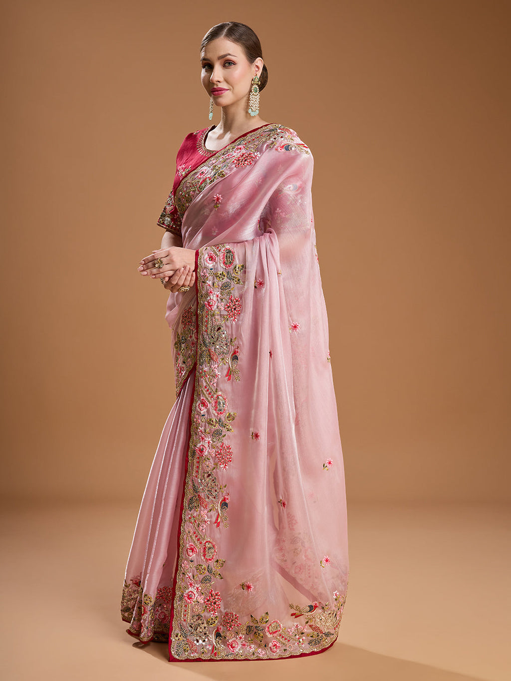 Jyoti Fashion Women's Baby Pink Jimmy Choo Sequins Coding Embroidered Designer Saree with Blouse | Grocsy