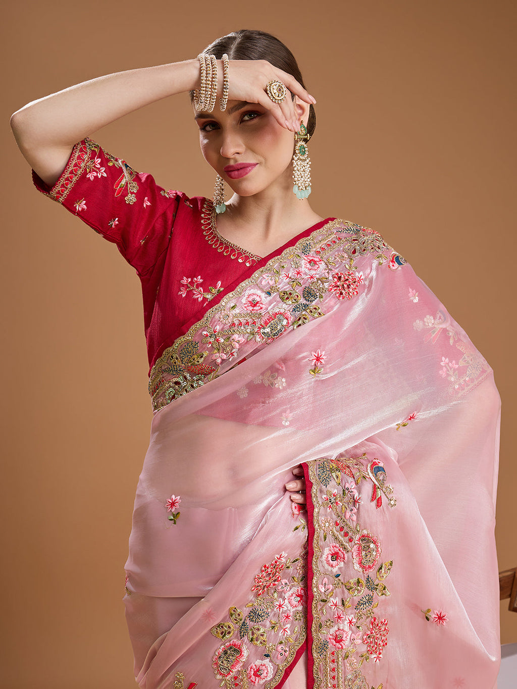 Jyoti Fashion Women's Baby Pink Jimmy Choo Sequins Coding Embroidered Designer Saree with Blouse | Grocsy