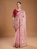 Jyoti Fashion Women's Baby Pink Jimmy Choo Sequins Coding Embroidered Designer Saree with Blouse | Grocsy