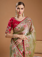 Jyoti Fashion Women's Sea Green Jimmy Choo Sequins Coding Embroidered Designer Saree with Blouse | Grocsy