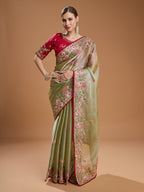 Jyoti Fashion Women's Sea Green Jimmy Choo Sequins Coding Embroidered Designer Saree with Blouse | Grocsy