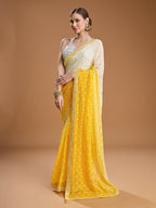 Jyoti Fashion Women's Yellow Georgette Embroidered Mirror Designer Saree with Blouse | Grocsy