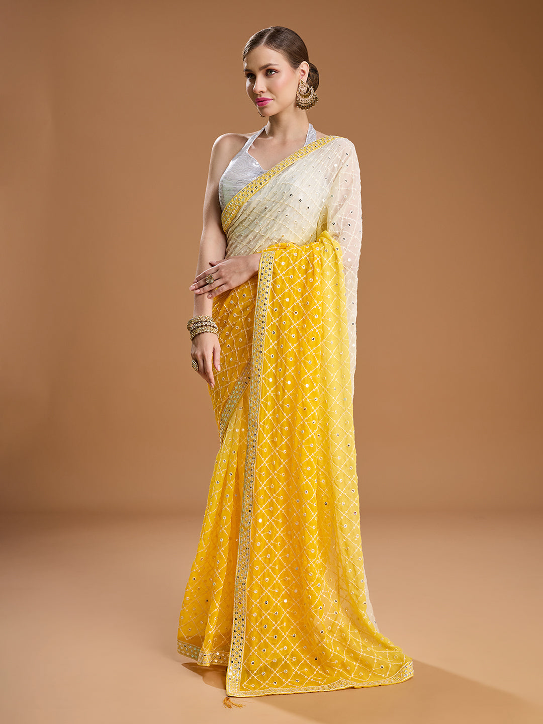 Jyoti Fashion Women's Yellow Georgette Embroidered Mirror Designer Saree with Blouse | Grocsy