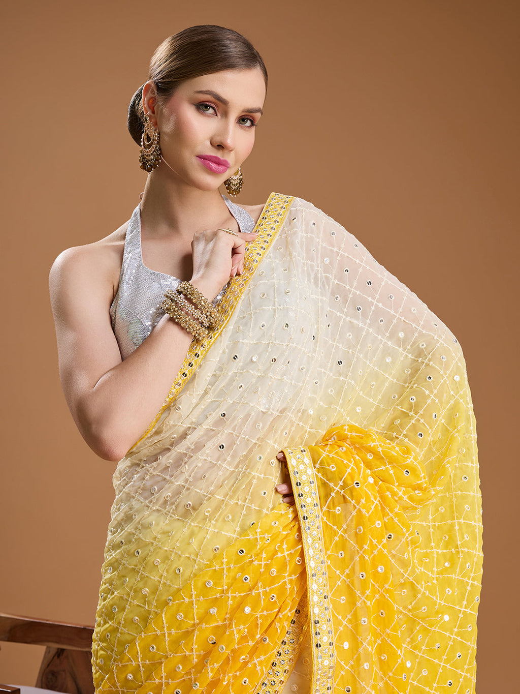 Jyoti Fashion Women's Yellow Georgette Embroidered Mirror Designer Saree with Blouse | Grocsy