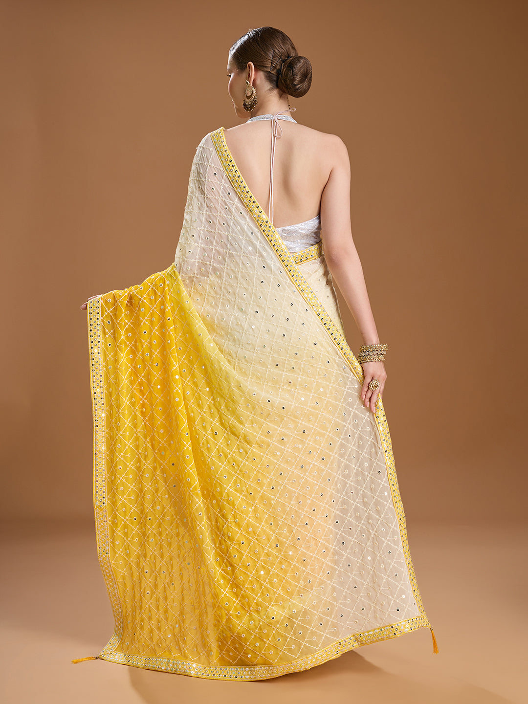 Jyoti Fashion Women's Yellow Georgette Embroidered Mirror Designer Saree with Blouse | Grocsy