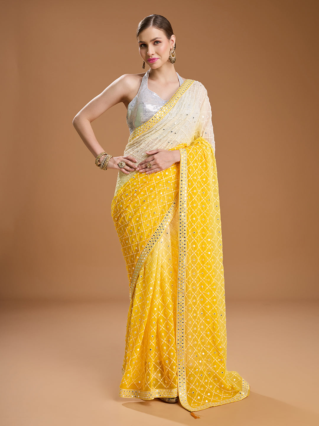 Jyoti Fashion Women's Yellow Georgette Embroidered Mirror Designer Saree with Blouse | Grocsy