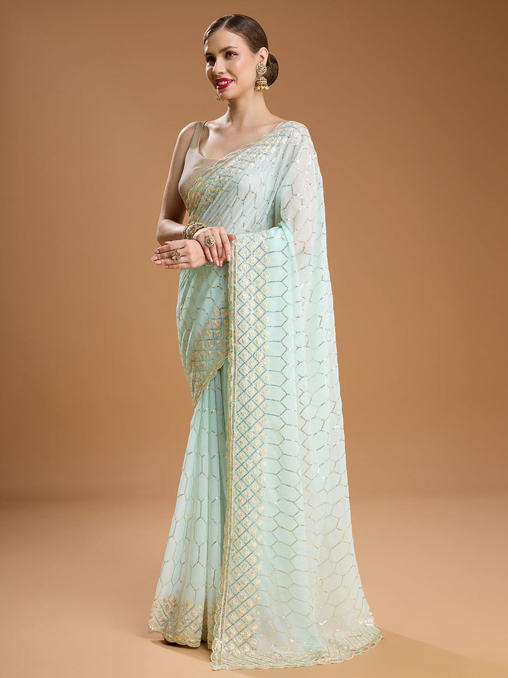 Jyoti Fashion Women's Sky Blue Georgette Sequins Embroidered Designer Saree with Blouse | Grocsy