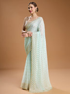 Jyoti Fashion Women's Sky Blue Georgette Sequins Embroidered Designer Saree with Blouse | Grocsy