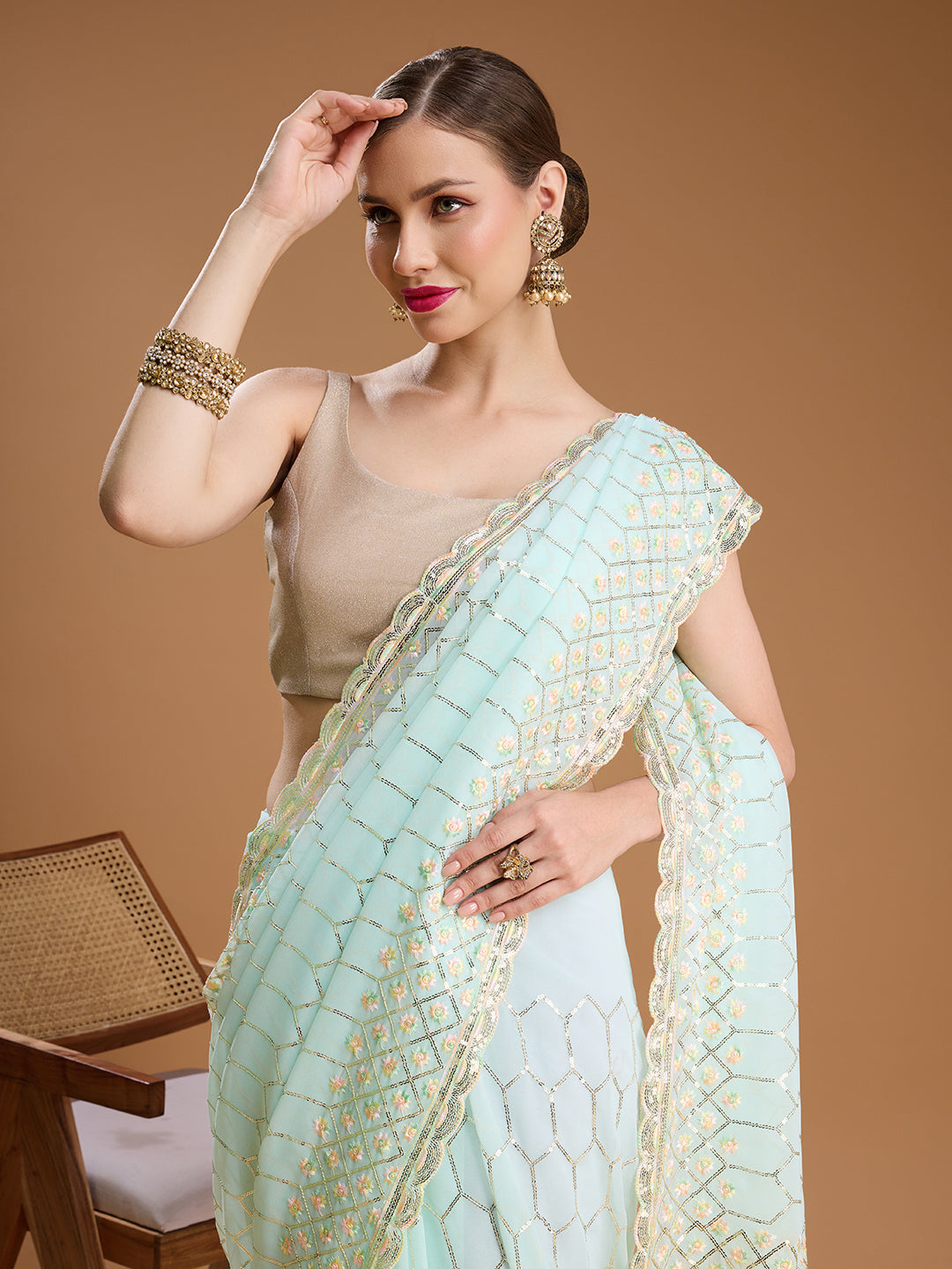 Jyoti Fashion Women's Sky Blue Georgette Sequins Embroidered Designer Saree with Blouse | Grocsy
