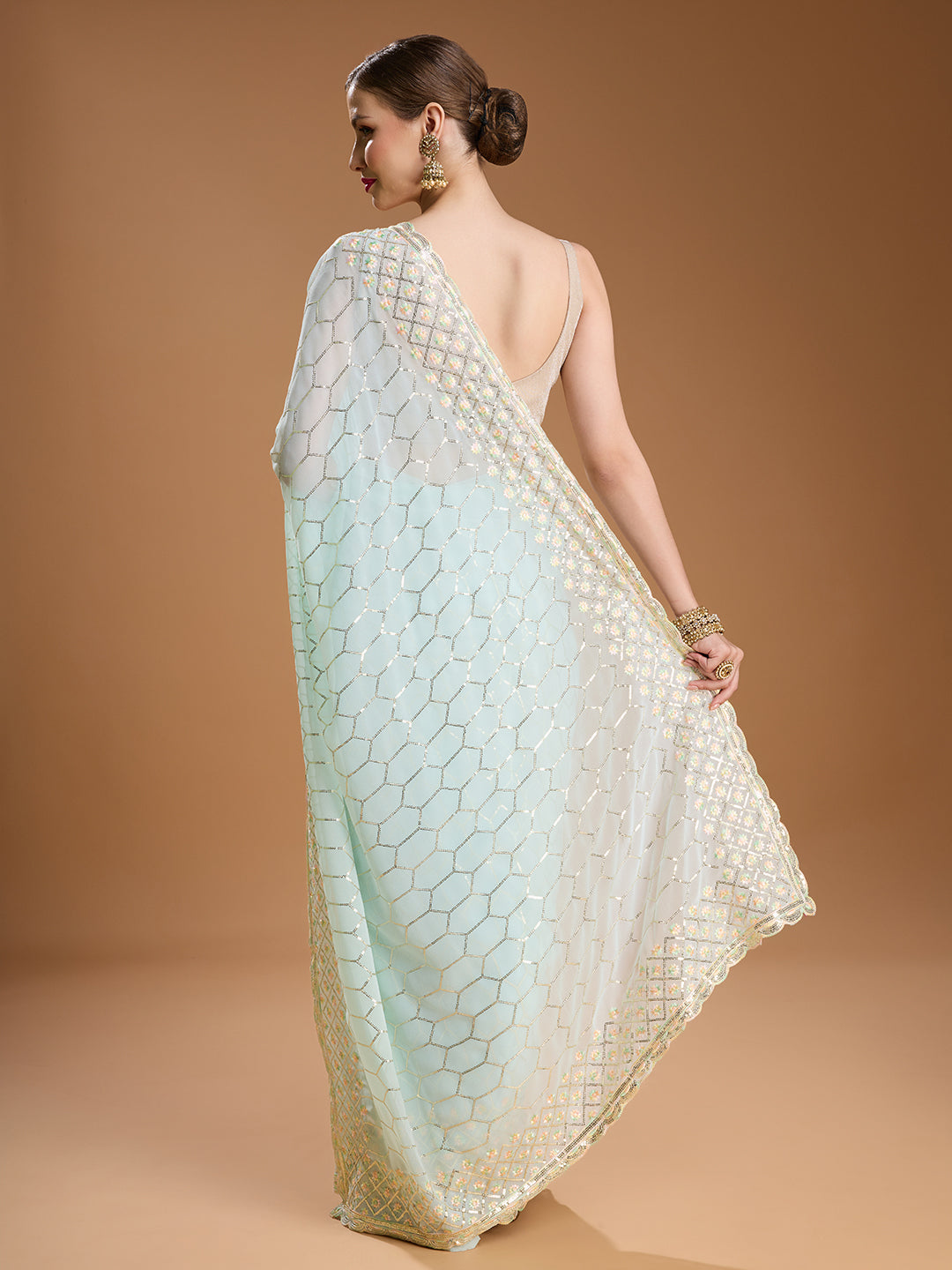 Jyoti Fashion Women's Sky Blue Georgette Sequins Embroidered Designer Saree with Blouse | Grocsy
