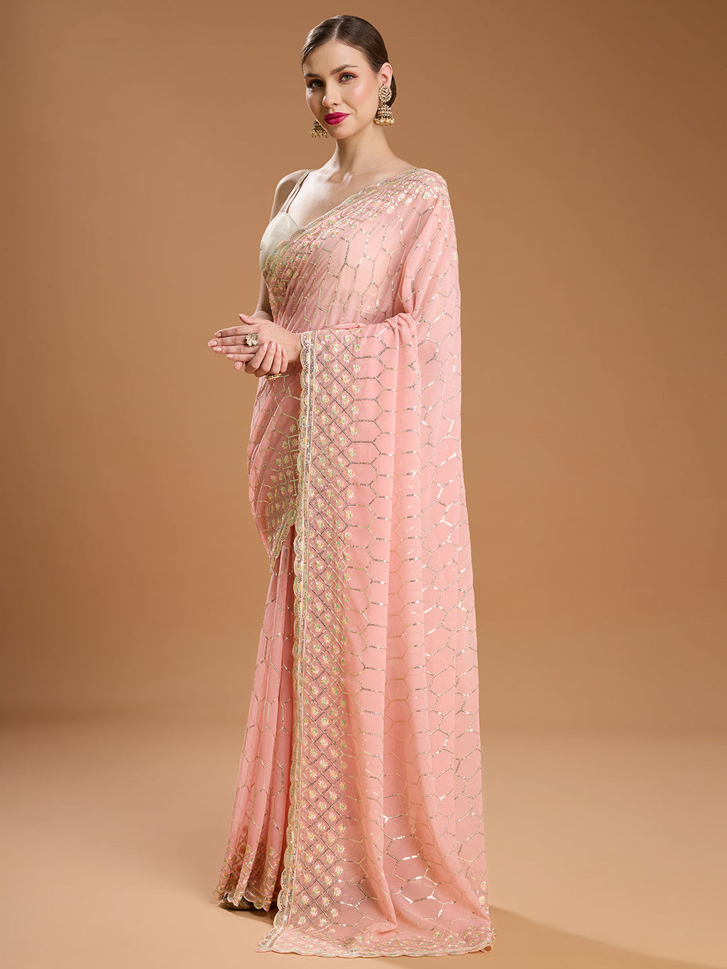 Jyoti Fashion Women's Peach Georgette Sequins Embroidered Designer Saree with Blouse | Grocsy
