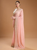Jyoti Fashion Women's Peach Georgette Sequins Embroidered Designer Saree with Blouse | Grocsy