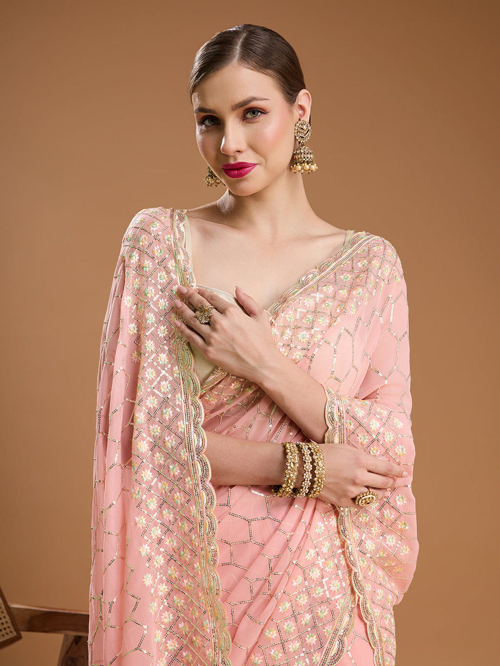 Jyoti Fashion Women's Peach Georgette Sequins Embroidered Designer Saree with Blouse | Grocsy