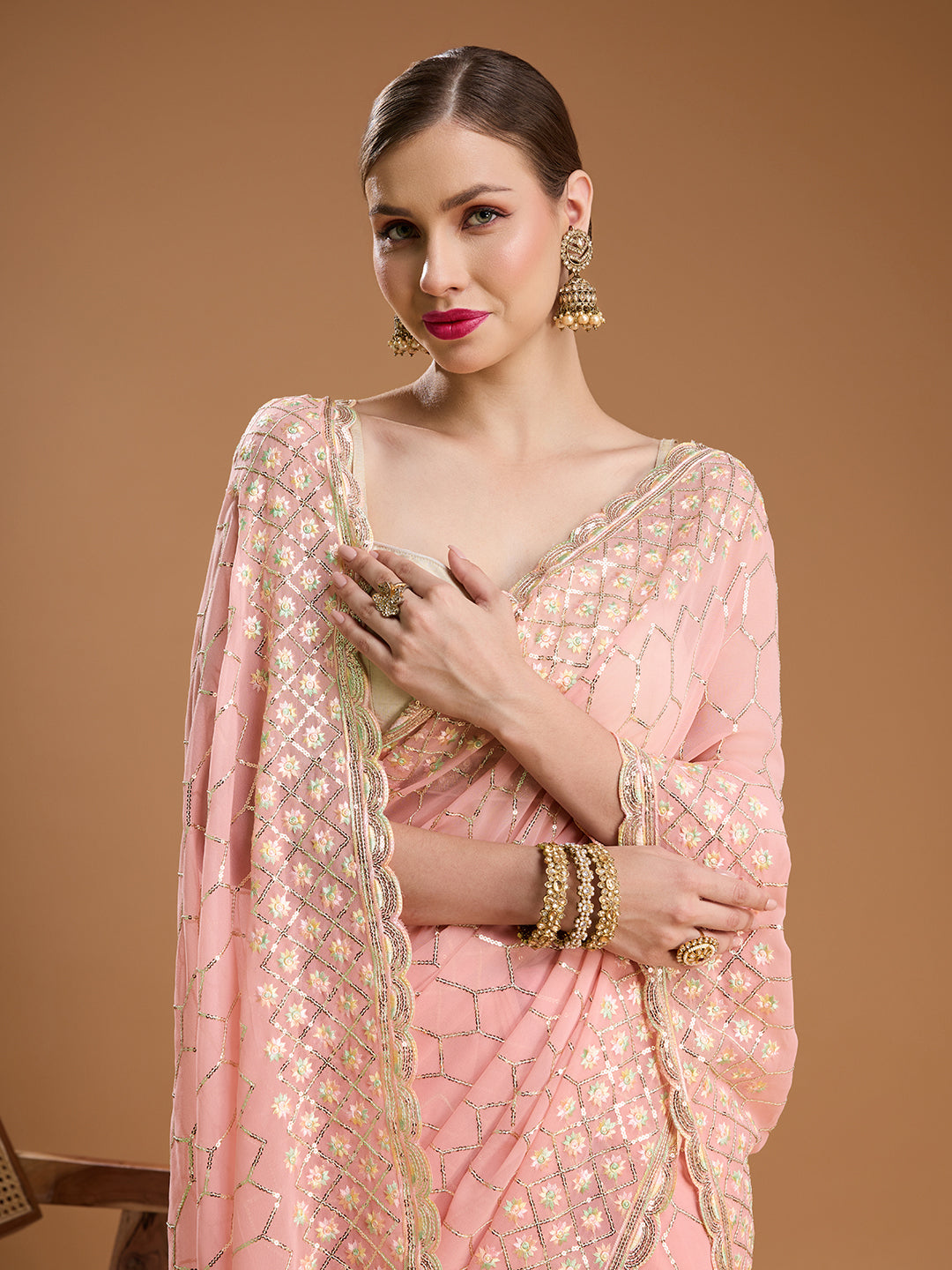 Jyoti Fashion Women's Peach Georgette Sequins Embroidered Designer Saree with Blouse | Grocsy