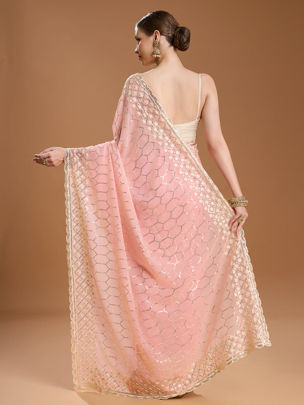 Jyoti Fashion Women's Peach Georgette Sequins Embroidered Designer Saree with Blouse | Grocsy