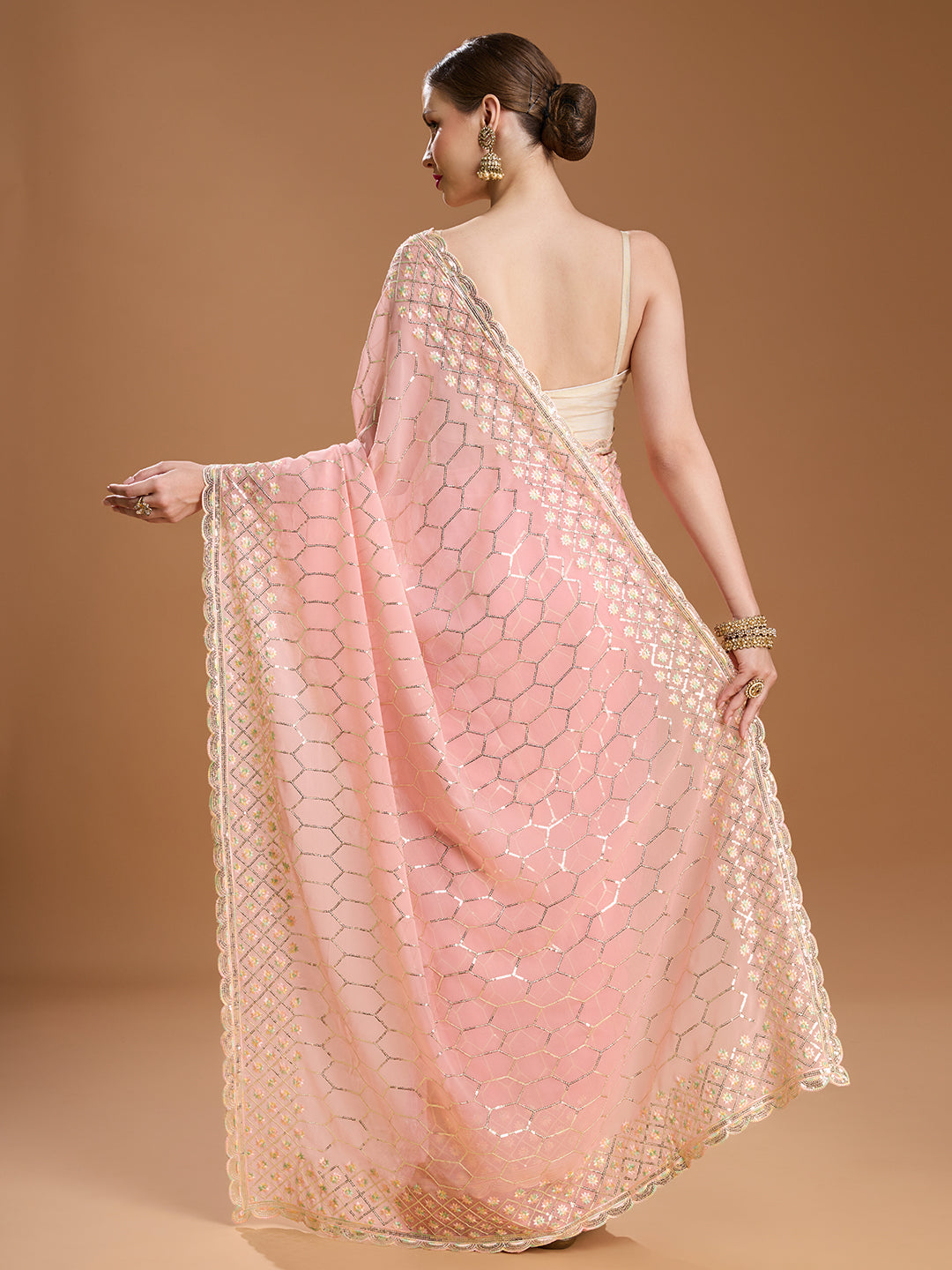 Jyoti Fashion Women's Peach Georgette Sequins Embroidered Designer Saree with Blouse | Grocsy