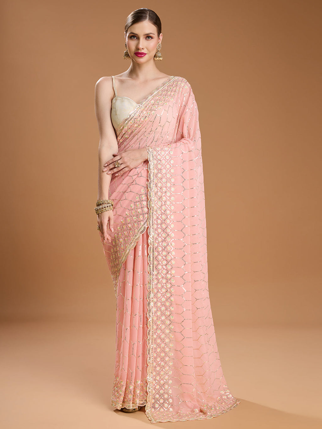 Jyoti Fashion Women's Peach Georgette Sequins Embroidered Designer Saree with Blouse | Grocsy